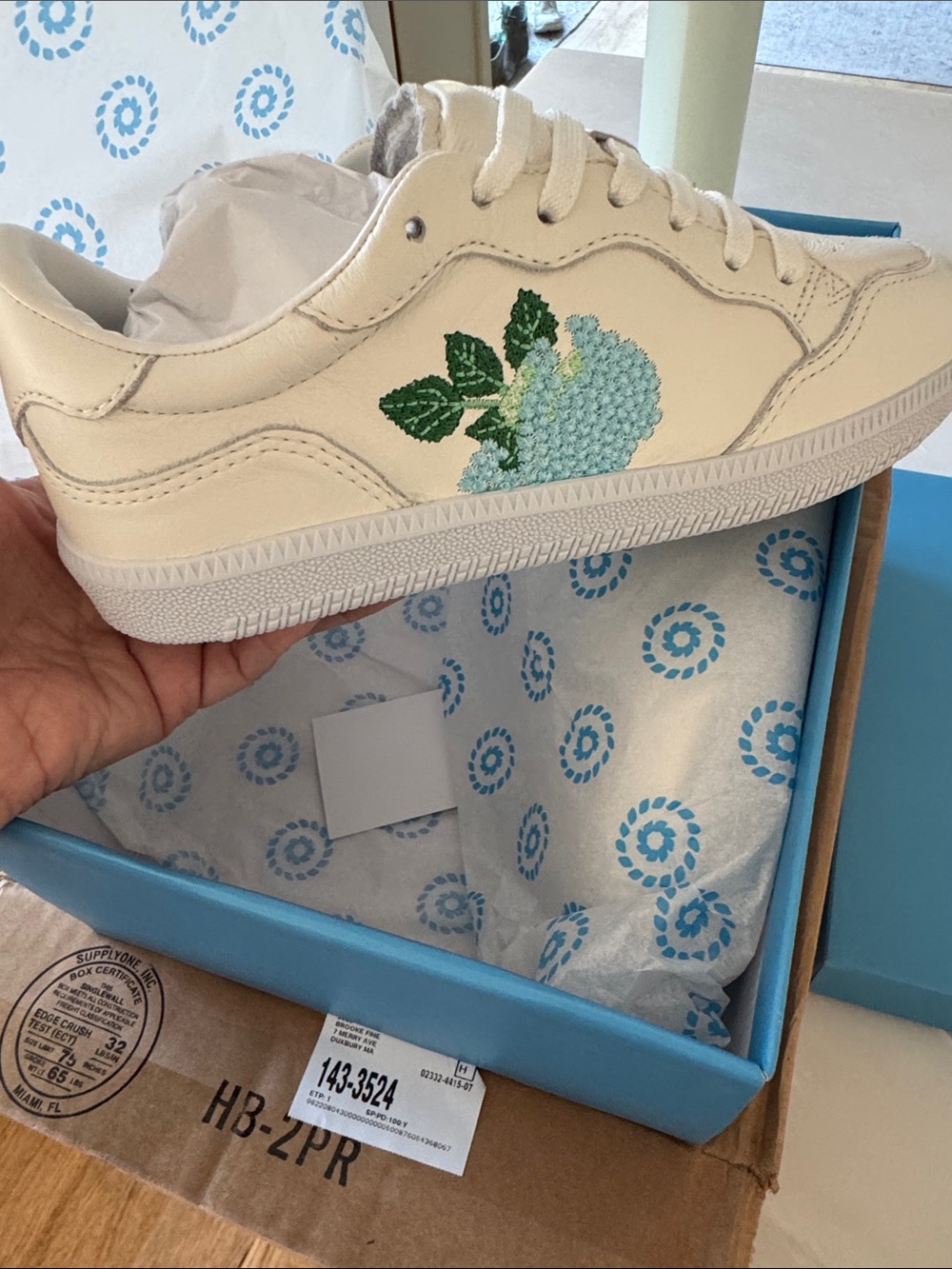 Jack Rogers Cream Sneakers with Blue Floral Embroidery